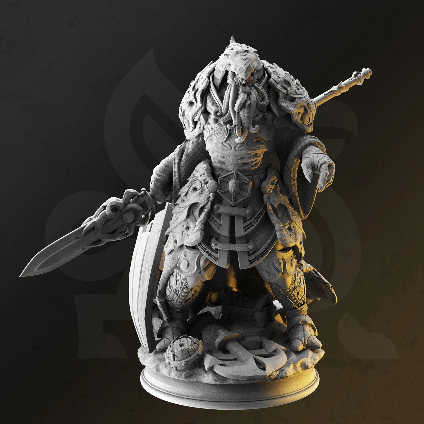 <img src="ahznagol-aberrant-guards.jpg" alt="3D printed miniatures of Ahznagol's Aberrant Guards, towering armored figures with twisted, monstrous features, wielding heavy weapons and clad in spiked armor" />