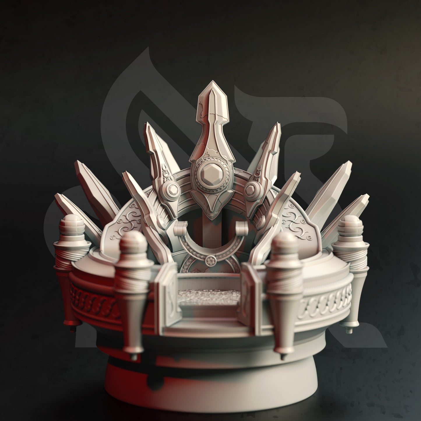 <img src="artorians-throne.jpg" alt="3D printed miniature of Artorian's Throne, an intricately designed seat of power, featuring ornate carvings, glowing runes, and majestic details, reflecting the grandeur of a divine ruler's domain" />