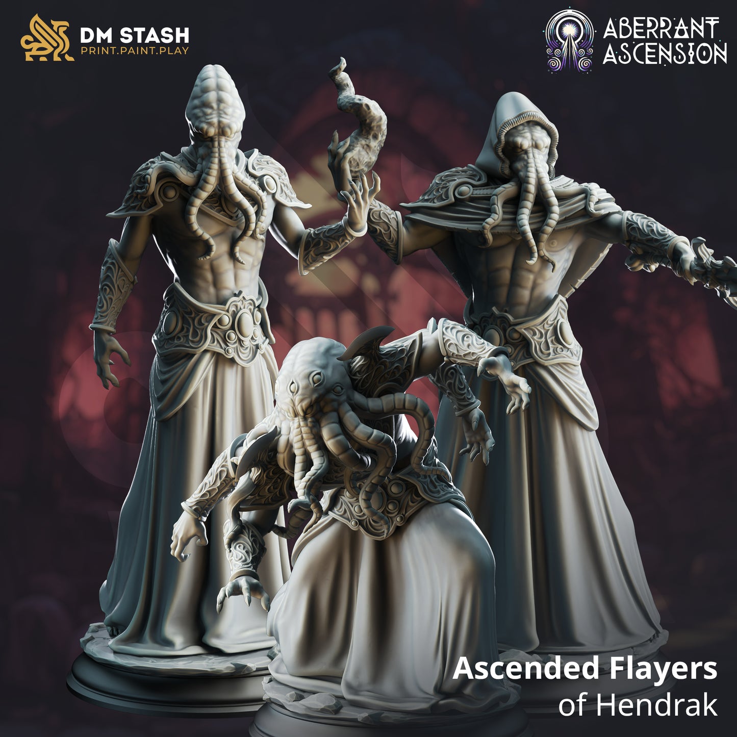 <img src="ascended-flayers-of-hendrak.jpg" alt="3D printed miniatures of the Ascended Flayers of Hendrak, featuring grotesque, otherworldly figures with elongated limbs, sharp claws, and intricate details, exuding a sinister aura of power" />