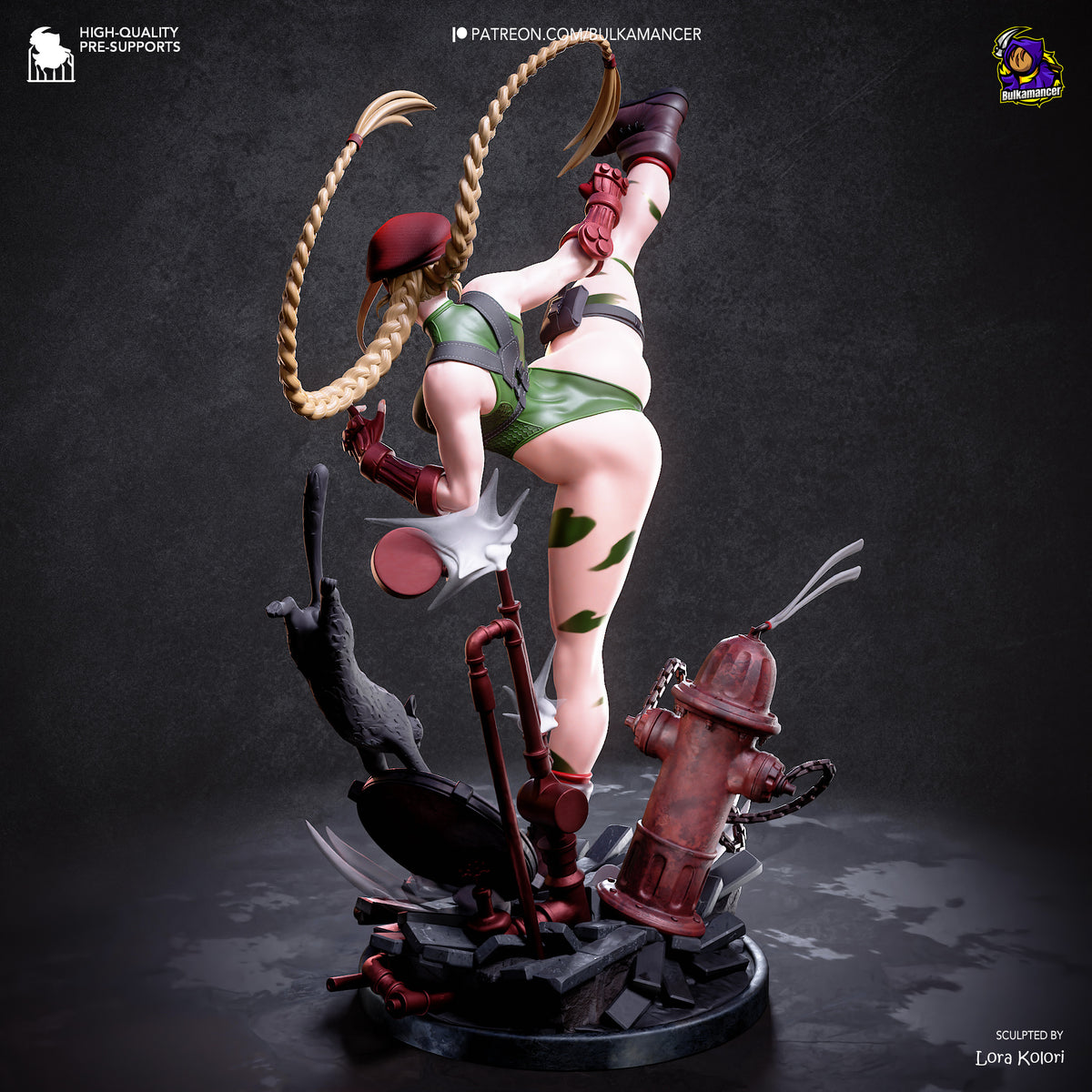 Cammy from Street Fighter collectible figurine featuring her iconic braided blonde hair, combat outfit, muscular athletic physique and dynamic fighting pose with detailed character design