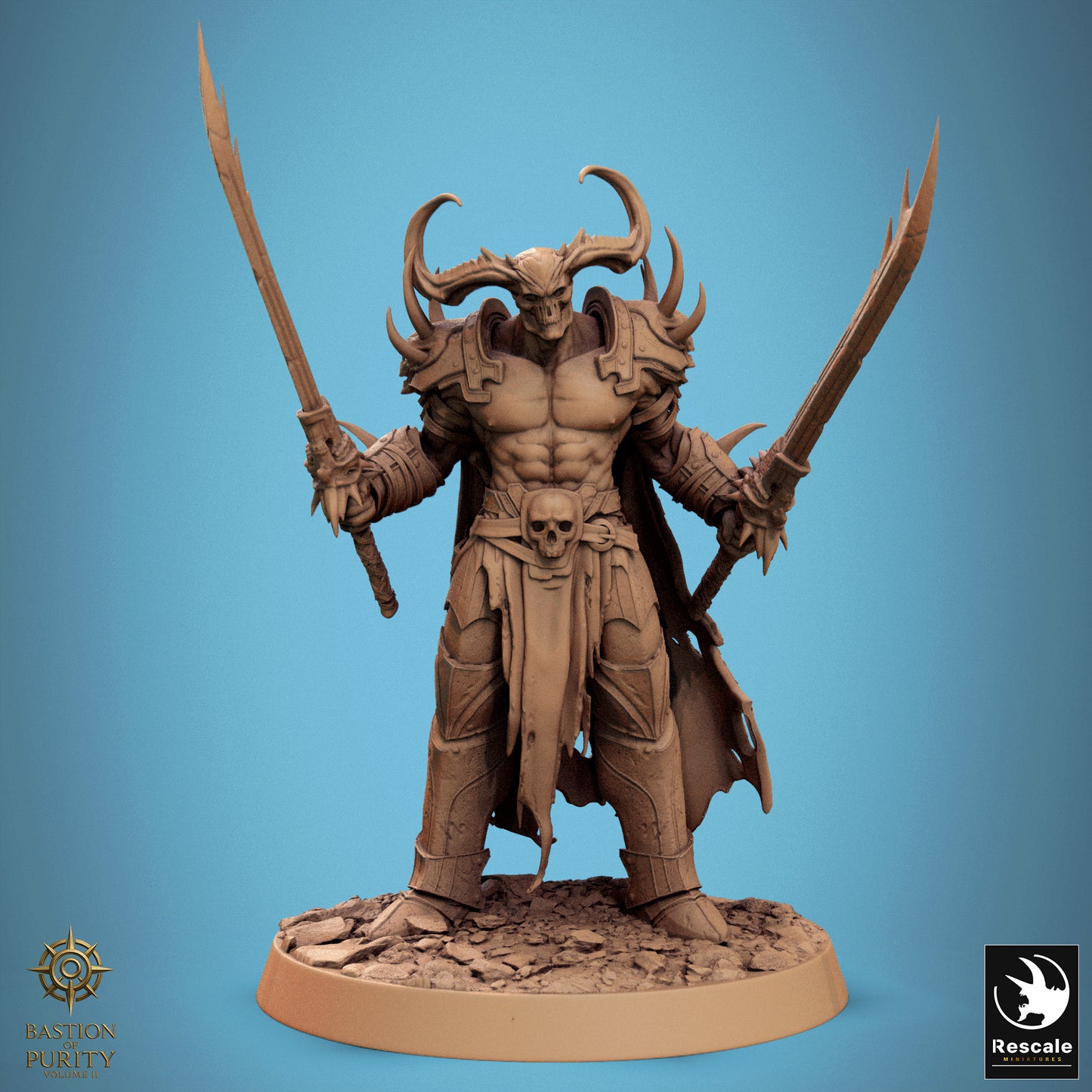 Statue of a muscular figure with horns and armor on a blue background