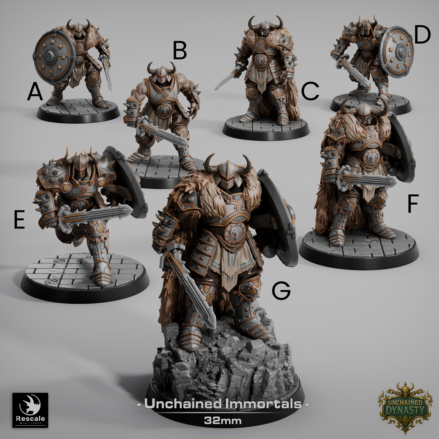 Collection of fantasy warrior figurines labeled A to G on a gray background.