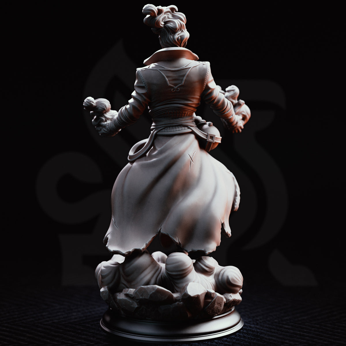 A detailed 3D-rendered fantasy figurine of a muscular male character in a flowing coat, posed mid-step on a cloud-like base against a dark background. Featuring powerful wind and lightning magic, flowing robes, mystical elemental details and a dynamic spellcasting pose. Back view