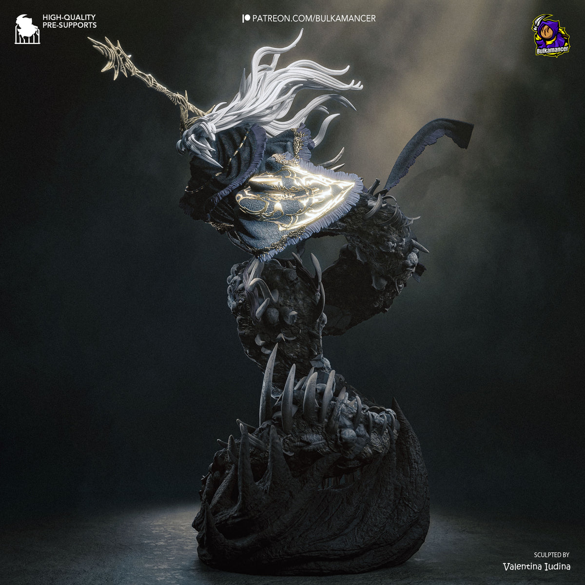 Aldrich Devourer of Gods dark fantasy collectible figurine with grotesque monstrous form, ornate armor and imposing weapon