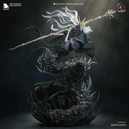 Aldrich Devourer of Gods dark fantasy collectible figurine with grotesque monstrous form, ornate armor and imposing weapon