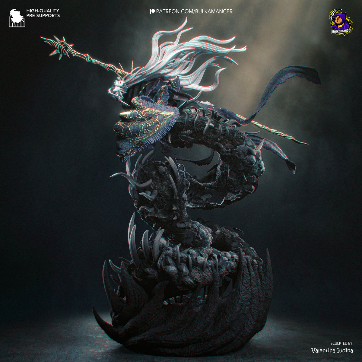 Aldrich Devourer of Gods dark fantasy collectible figurine with grotesque monstrous form, ornate armor and imposing weapon