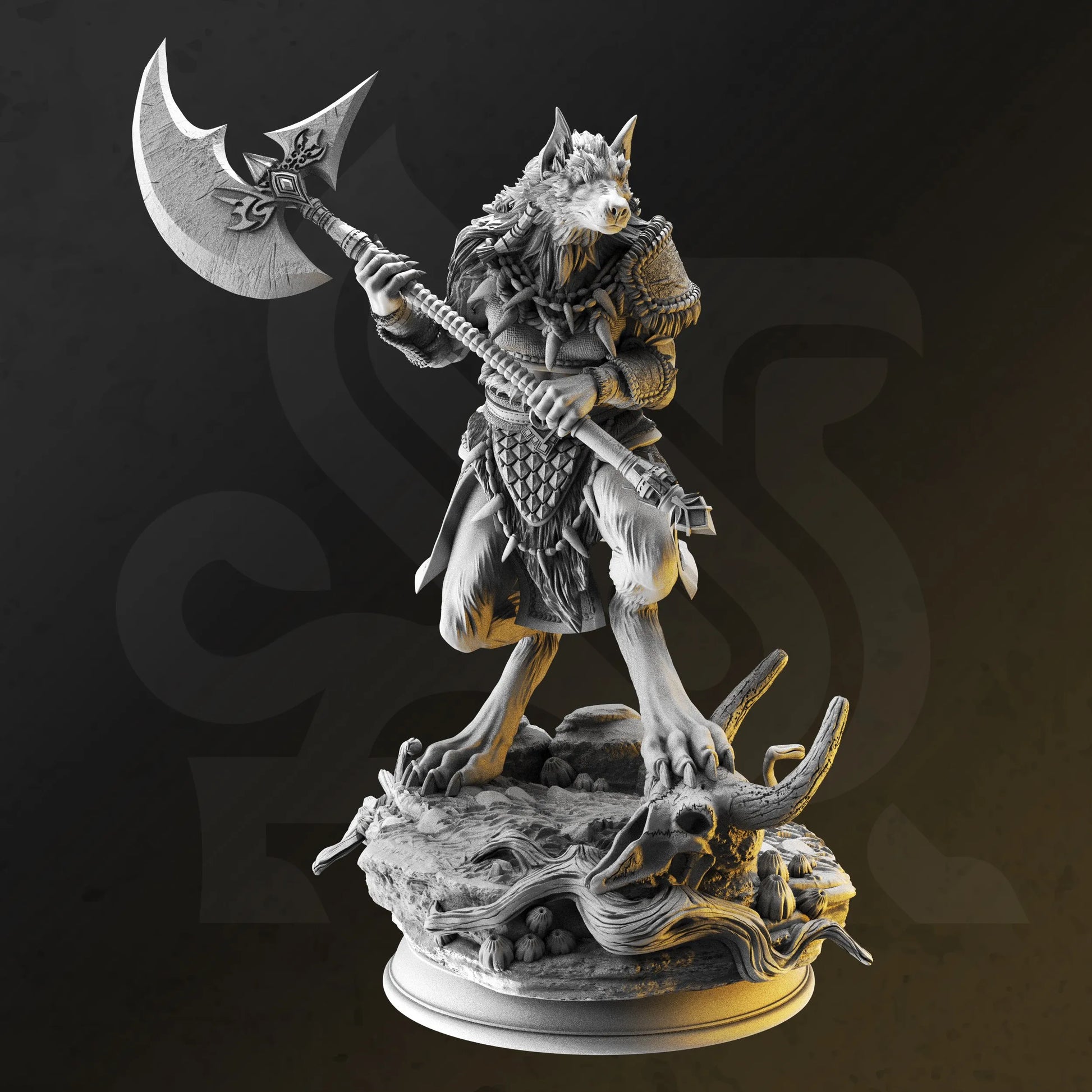 <img src="ariana-grey-werewolf-fighter.jpg" alt="3D printed miniature of Ariana Grey, a fierce werewolf fighter, featuring a muscular figure with wolf-like features, equipped with dual weapons and a determined expression, ready for battle" />