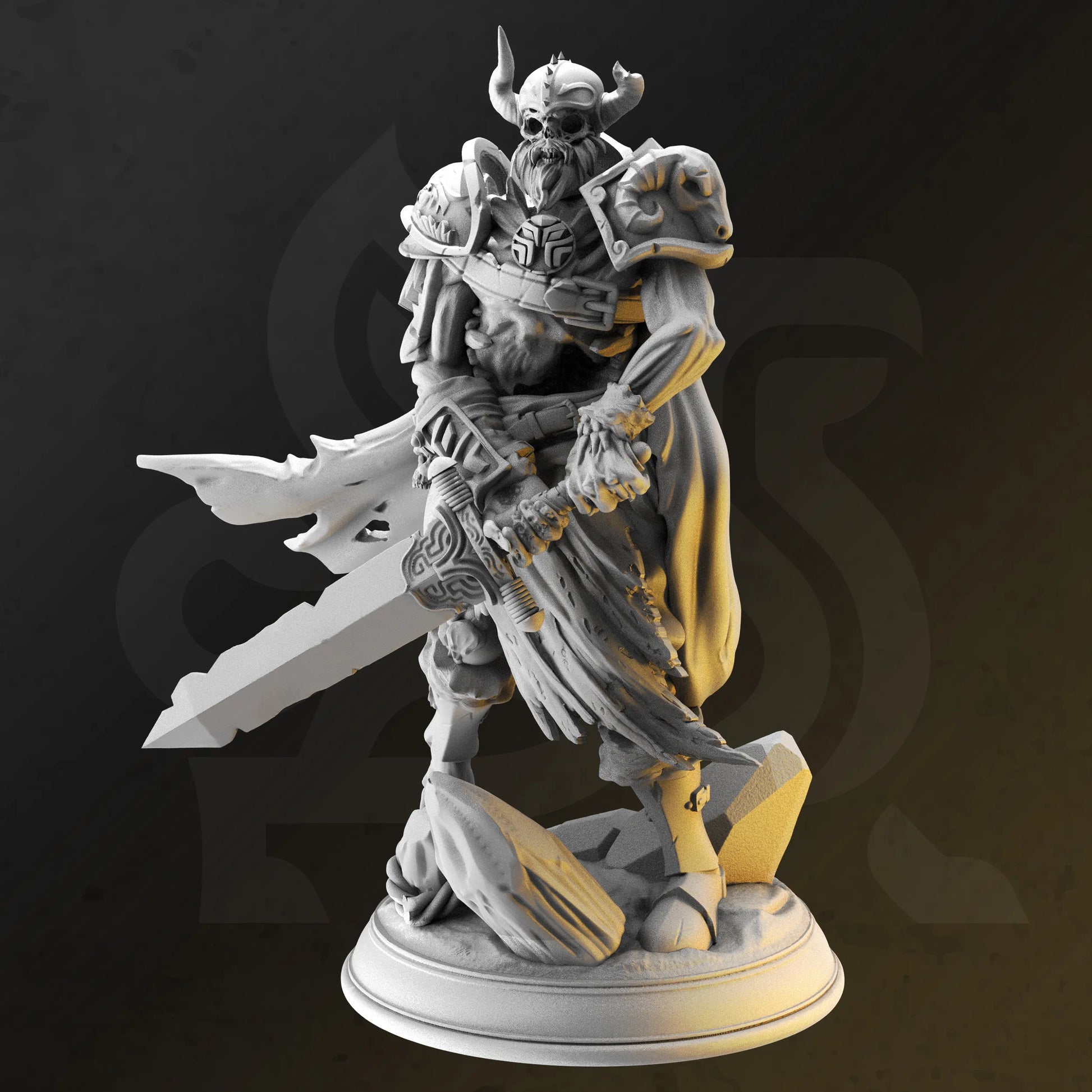 <img src="arisen-warriors-skeletal-guardian.jpg" alt="3D printed miniature of the Arisen Warriors - Skeletal Guardian, featuring a menacing skeletal figure clad in tattered armor, wielding a rusted sword and shield, radiating an aura of dark magic" />