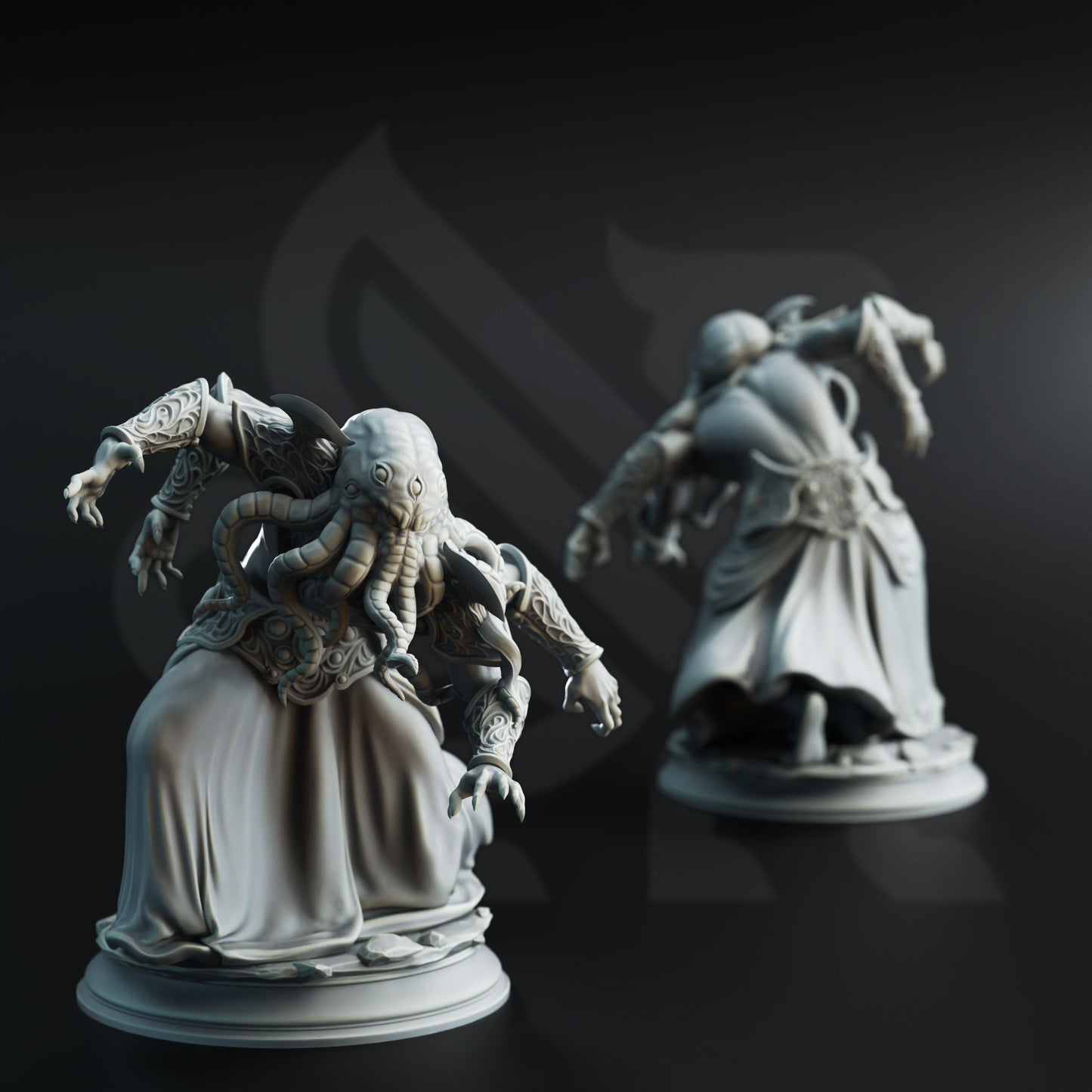 <img src="ascended-flayers-of-hendrak.jpg" alt="3D printed miniatures of the Ascended Flayers of Hendrak, featuring grotesque, otherworldly figures with elongated limbs, sharp claws, and intricate details, exuding a sinister aura of power" />