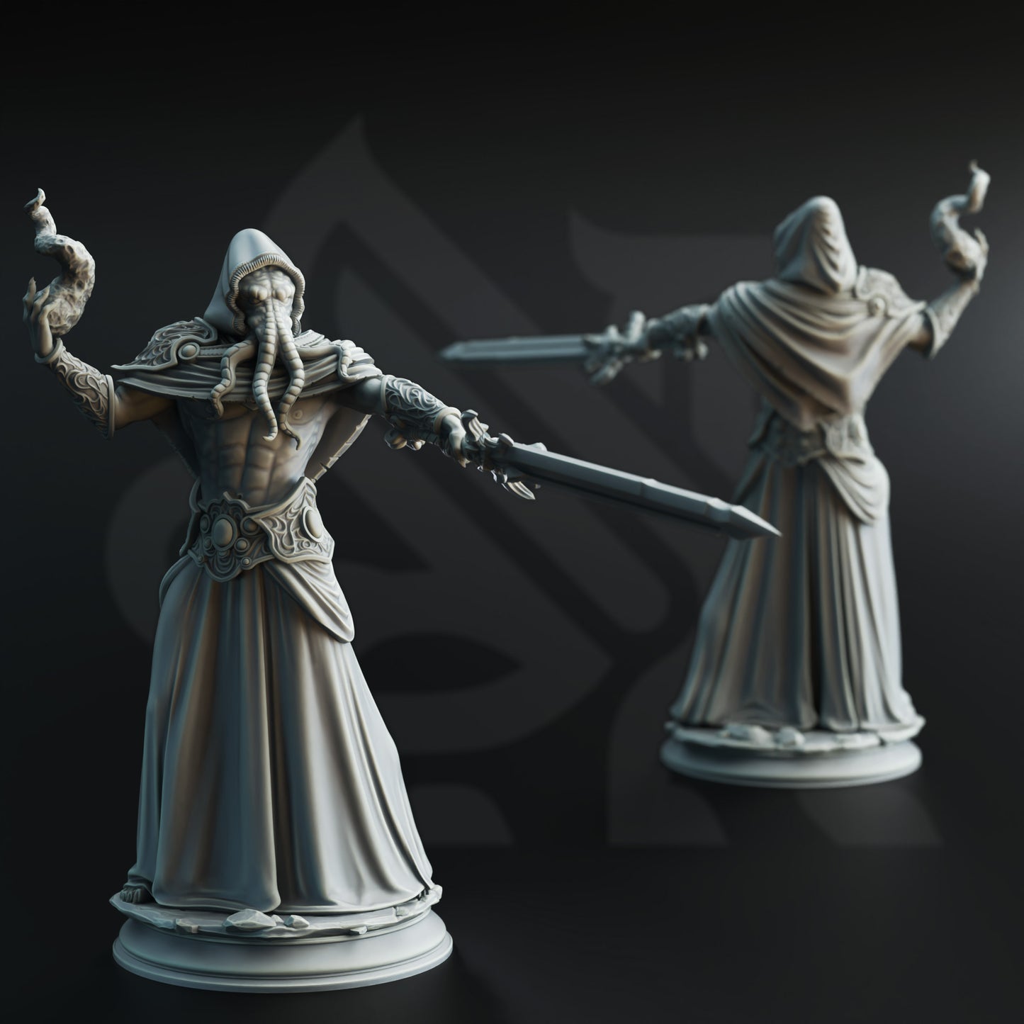 <img src="ascended-flayers-of-hendrak.jpg" alt="3D printed miniatures of the Ascended Flayers of Hendrak, featuring grotesque, otherworldly figures with elongated limbs, sharp claws, and intricate details, exuding a sinister aura of power" />