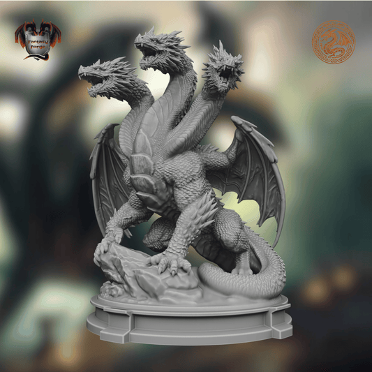 A 3D-rendered unpainted fantasy dragon figurine with three heads - Balaurul - mythical being from romanian folklore with spread wings, and a rocky base, shown against a blurred dark green and gray background. Sideway view