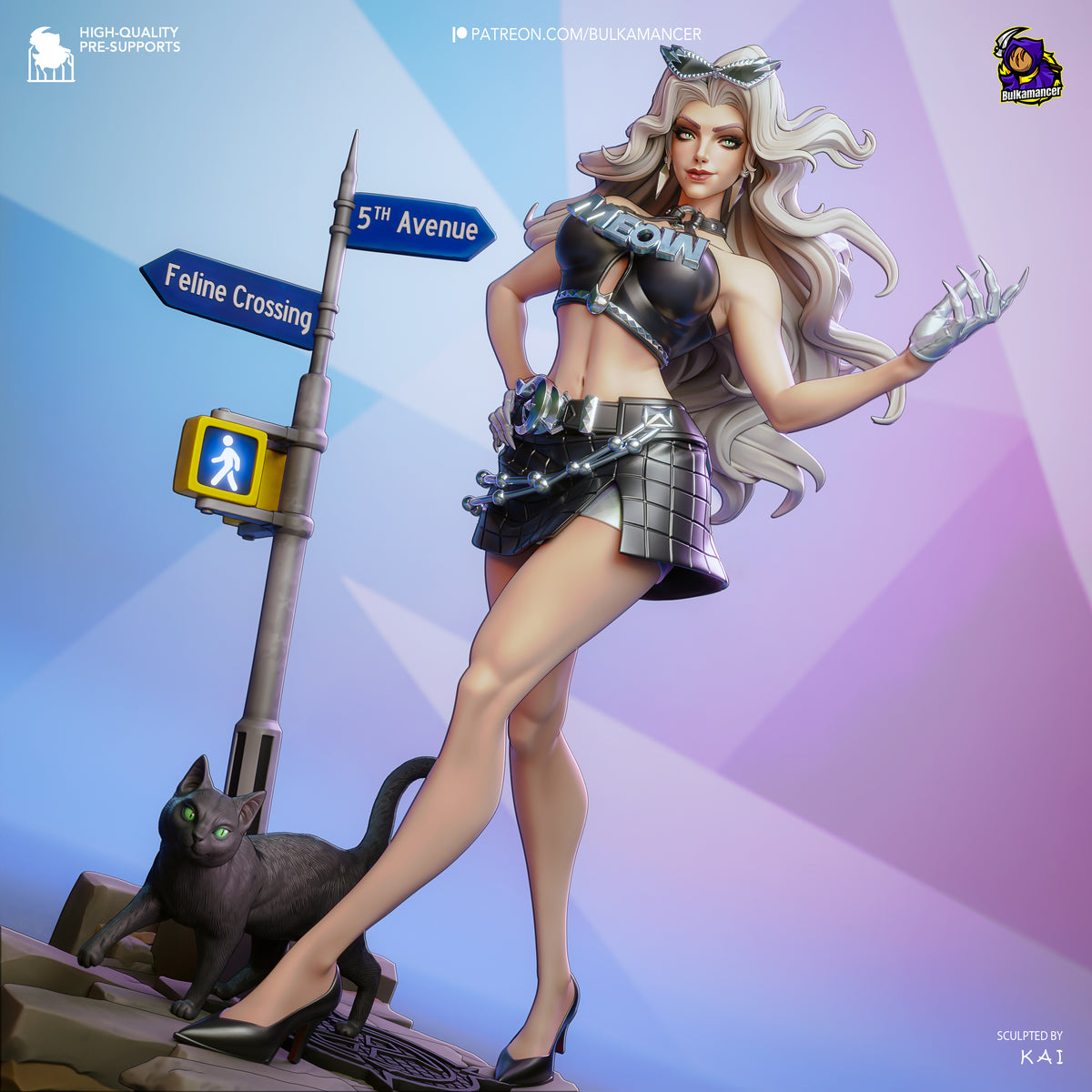 Animated character in a futuristic outfit standing next to a cat and street signs on a colorful background