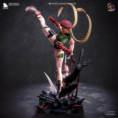 Cammy from Street Fighter collectible figurine featuring her iconic braided blonde hair, combat outfit, muscular athletic physique and dynamic fighting pose with detailed character design. Sideway pose
