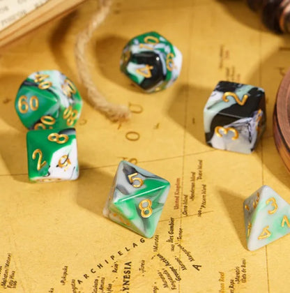 Set of green and black dice on a map background