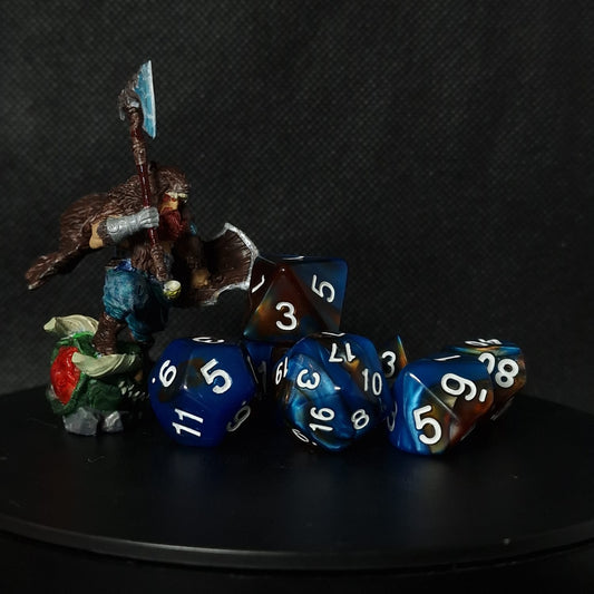 Blue set of D&D dices with brown accents and white numbers