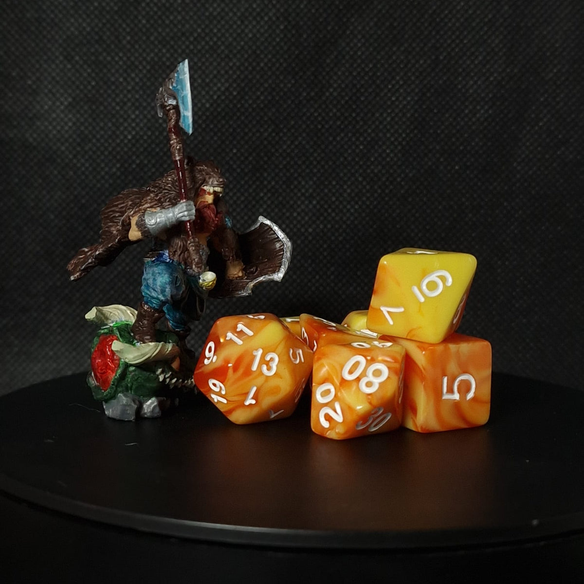 Set of orange polyhedral dices for D&D