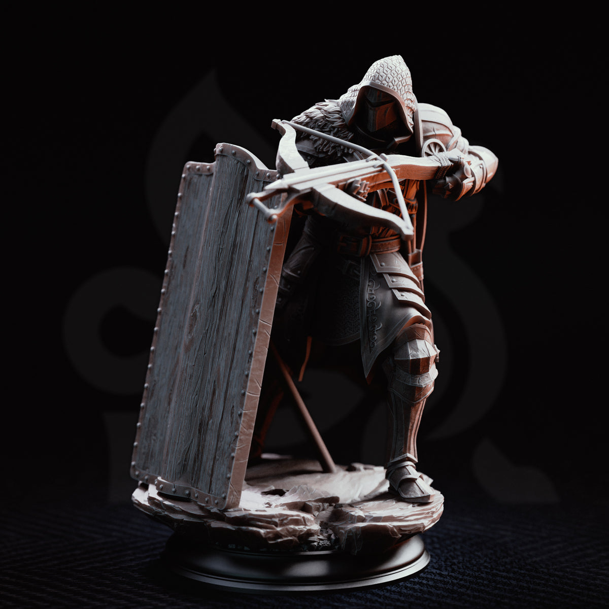 Erik of the Scarlett Road crossbow knight featuring a detailed medieval crossbow, rugged battle armor, flowing garments and adventurer gear with a battle-ready pose and gritty dark fantasy character design
