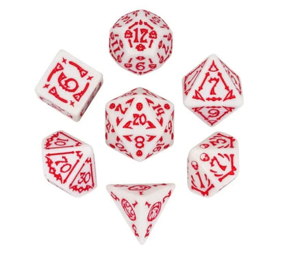 Set of dice with red and white design on a white background