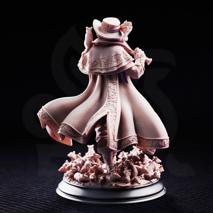 A detailed collectible figurine of a character from The Great Gatsby, shown from behind wearing a long coat and hat, standing on a base of scattered leaves on a circular platform against a dark background.