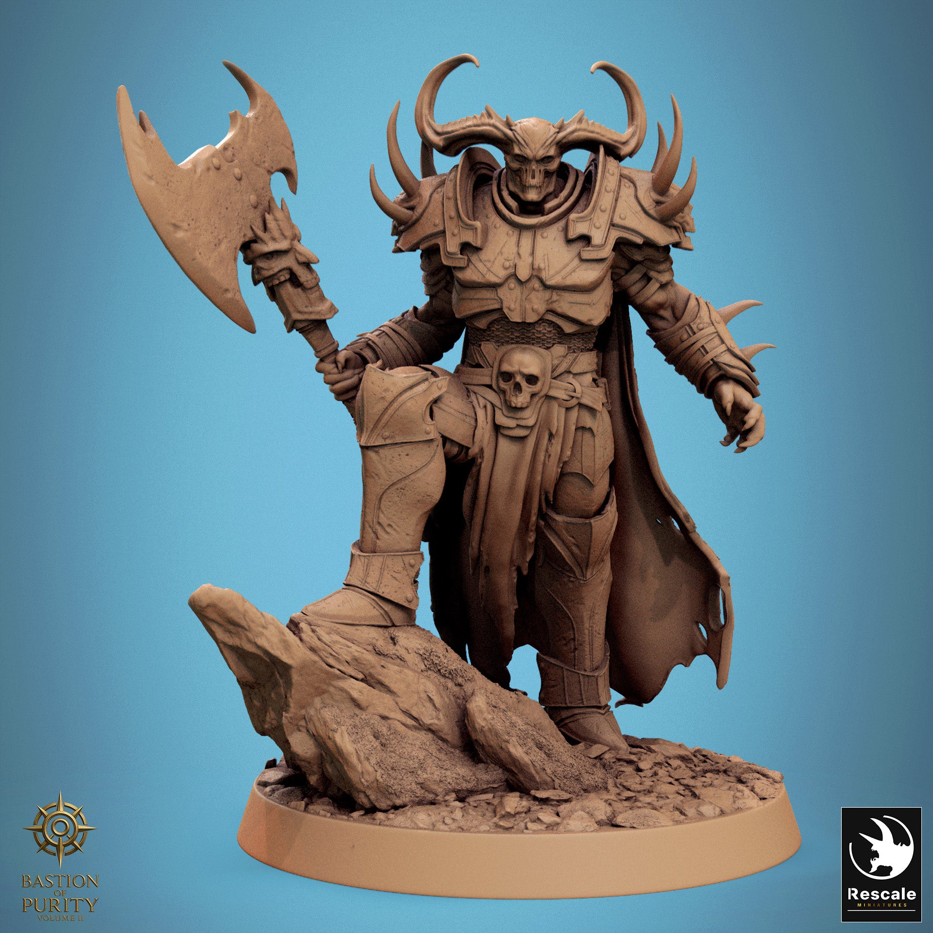 Fantasy warrior figurine with armor and weapon on a blue background