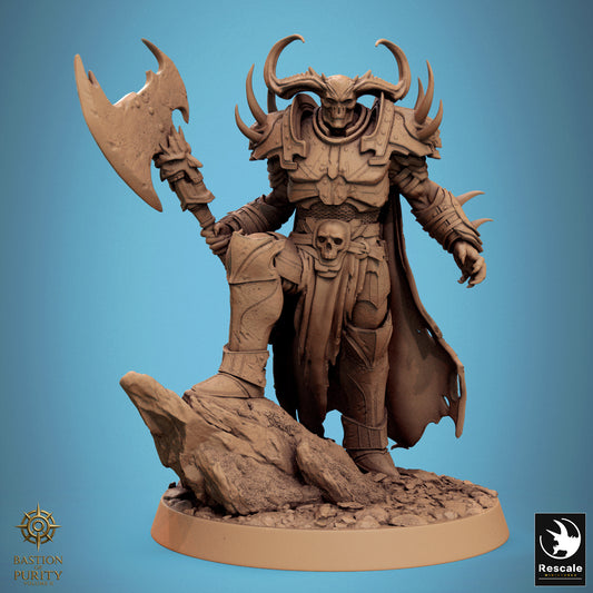 Fantasy warrior figurine with armor and weapon on a blue background
