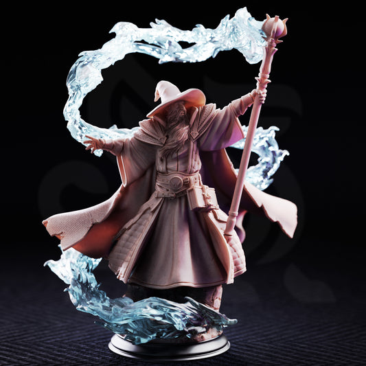 Merlin of Monmouth elder wizard fantasy miniature with staff and detailed mage robes