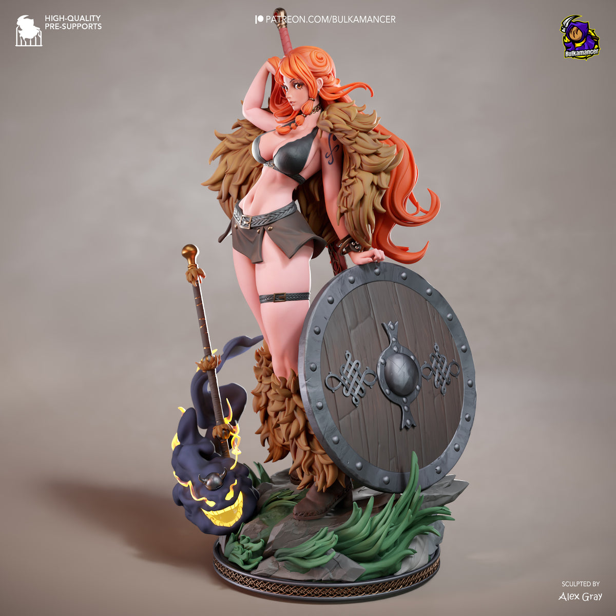Statue of a fantasy character with red hair, shield, and weapon on a gray background