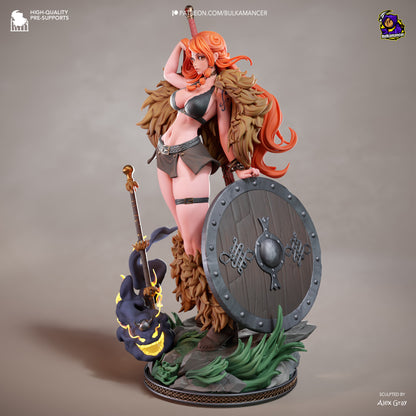 Statue of a fantasy character with red hair, shield, and weapon on a gray background
