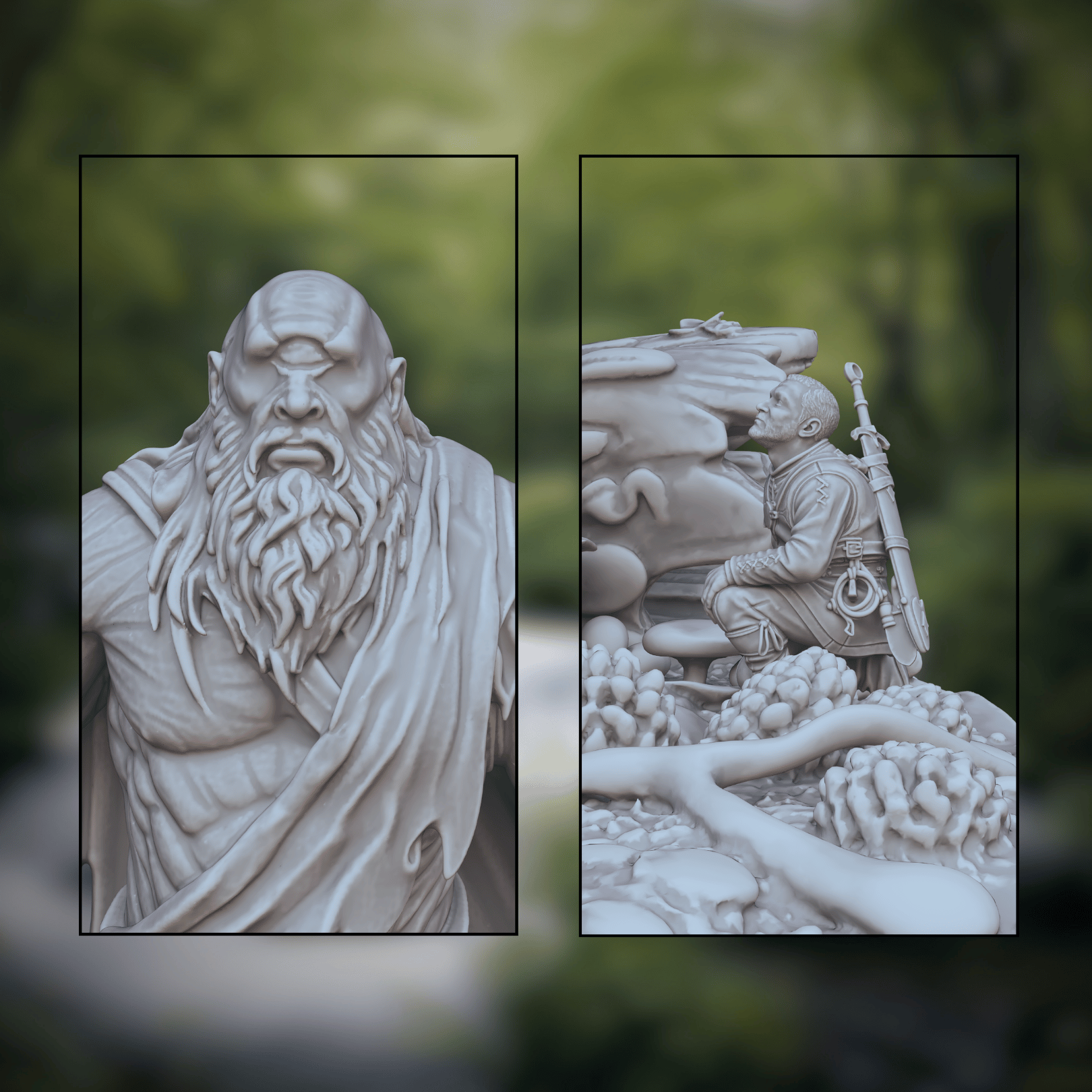 A light gray unpainted fantasy miniature figurine featuring a romanian folklore character - Ochila - a bearded warrior. The background is a blurred green forest scene.