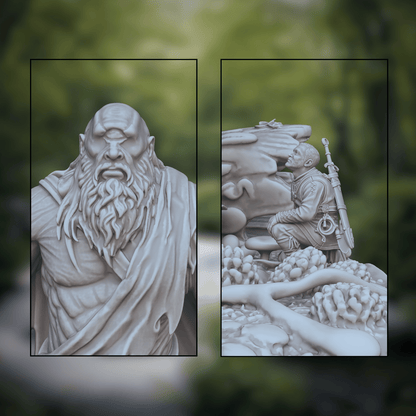 A light gray unpainted fantasy miniature figurine featuring a romanian folklore character - Ochila - a bearded warrior. The background is a blurred green forest scene.