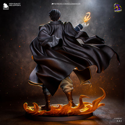 Roy Mustang from Fullmetal Alchemist collectible figurine featuring his iconic military uniform, confident pose and Flame Alchemist-inspired fire effects with detailed anime character design. Back view

