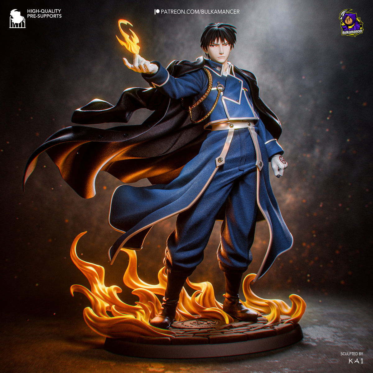 Roy Mustang from Fullmetal Alchemist collectible figurine featuring his iconic military uniform, confident pose and Flame Alchemist-inspired fire effects with detailed anime character design. Front view

