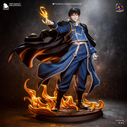 Roy Mustang from Fullmetal Alchemist collectible figurine featuring his iconic military uniform, confident pose and Flame Alchemist-inspired fire effects with detailed anime character design. Front view
