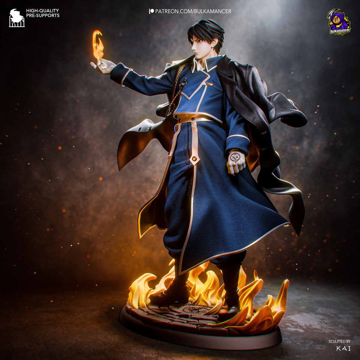 Roy Mustang from Fullmetal Alchemist collectible figurine featuring his iconic military uniform, confident pose and Flame Alchemist-inspired fire effects with detailed anime character design. Sideway view
