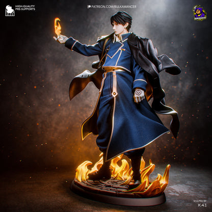 Roy Mustang from Fullmetal Alchemist collectible figurine featuring his iconic military uniform, confident pose and Flame Alchemist-inspired fire effects with detailed anime character design. Sideway view
