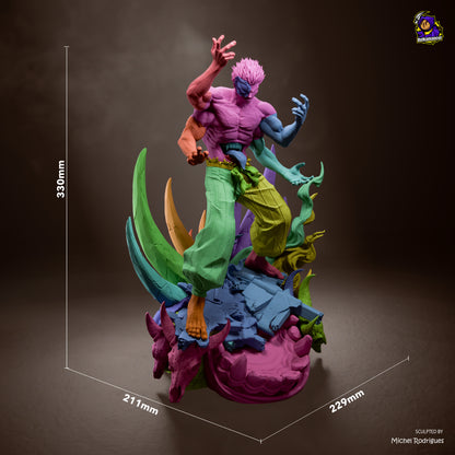3d model of Ryomen Sukuna from Jujutsu Kaisen collectible figurine featuring his four-armed form, distinctive tattoos, muscular physique and dynamic battle pose on an elaborate cursed-themed display base

