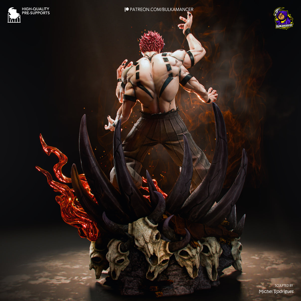 A highly detailed collectible statue of the anime character Ryomen Sukuna from Jujutsu Kaisen shown from behind on a dark, ornate base with skull details and red flames, set against a dark smoky background.