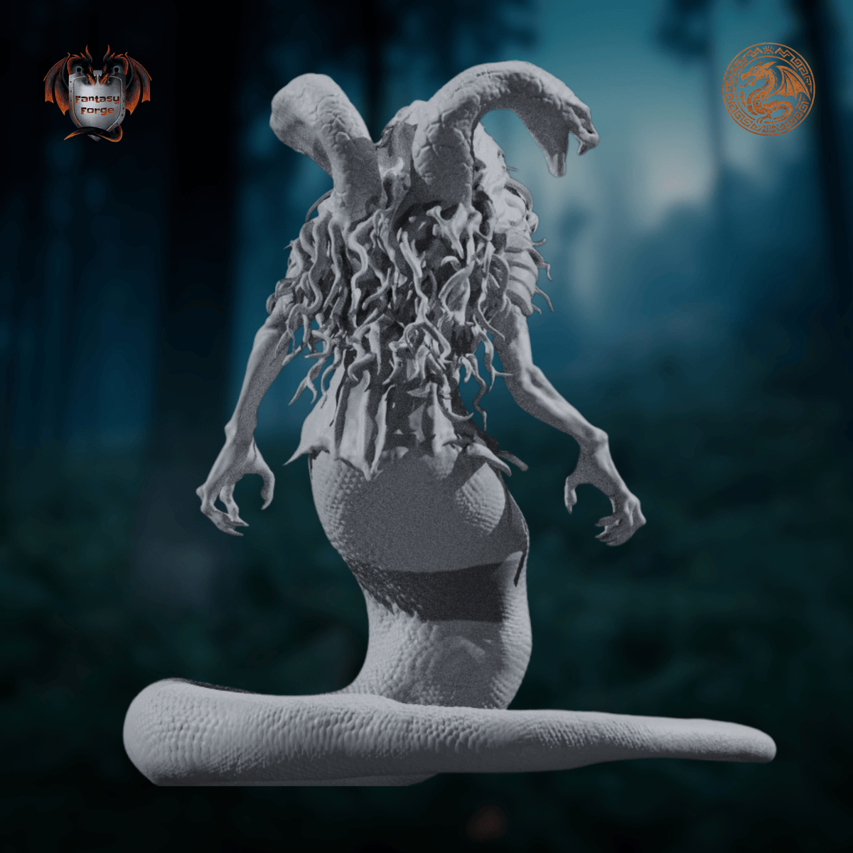 A 3D-rendered gray monster statue or collectible figure with a snake-like body, long curved horns, and a tattered organic upper section, shown against a dark blue misty forest background. Scorpia -mythical creature from romanian folklore. Back view