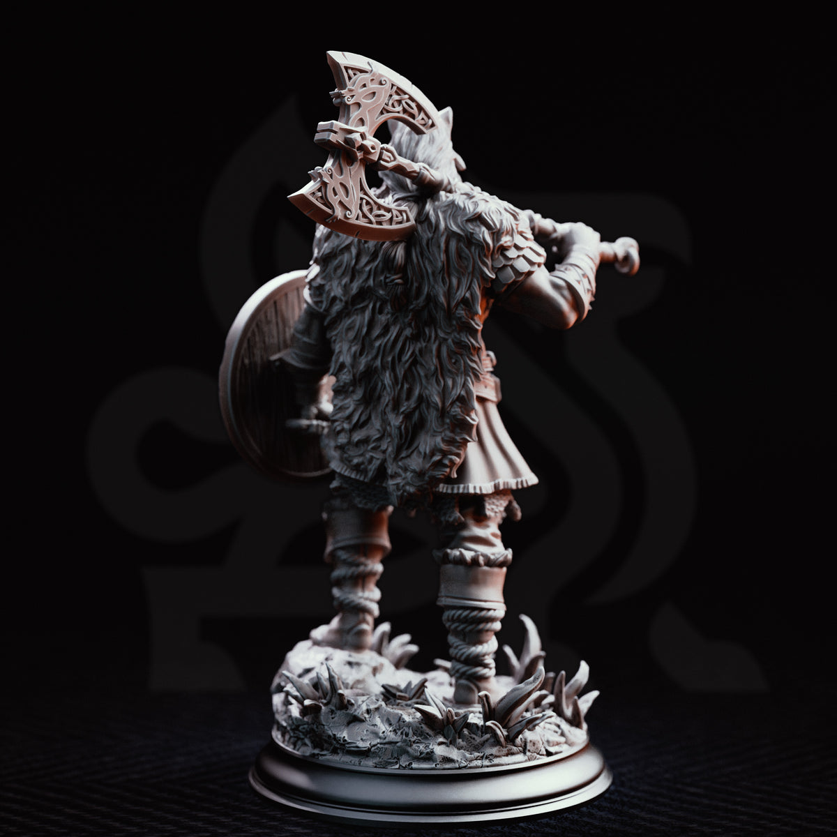 Skjolnir Ulvar, Barbarian of the Wolf, fierce northern warrior featuring rugged armor, wolf-inspired details, powerful weapons and a muscular battle-ready stance with a savage dark fantasy barbarian design
