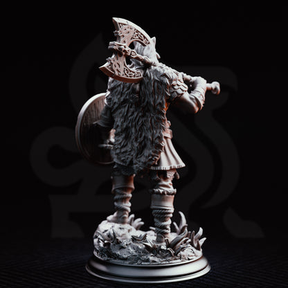 Skjolnir Ulvar, Barbarian of the Wolf, fierce northern warrior featuring rugged armor, wolf-inspired details, powerful weapons and a muscular battle-ready stance with a savage dark fantasy barbarian design
