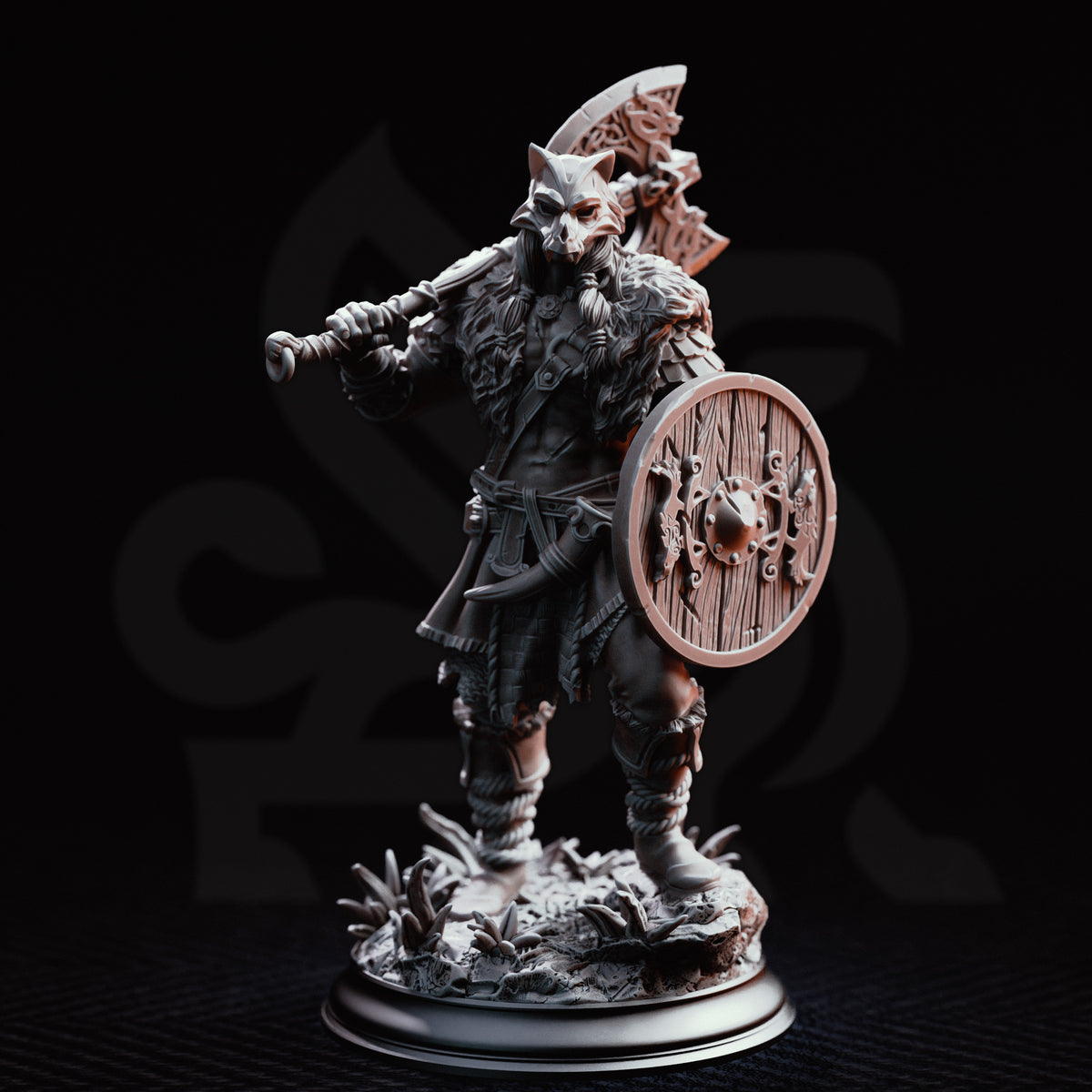 Skjolnir Ulvar, Barbarian of the Wolf, fierce northern warrior featuring rugged armor, wolf-inspired details, powerful weapons and a muscular battle-ready stance with a savage dark fantasy barbarian design. Front view
