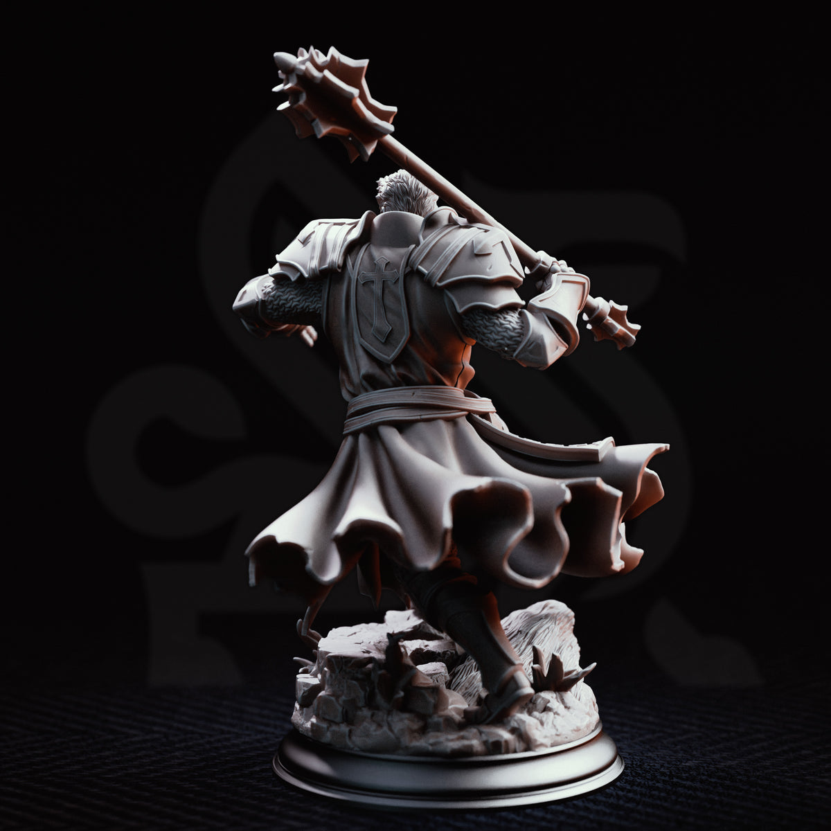 Thaddeus the Fortress, Horauthin’s Favoured, heavily armored holy warrior featuring massive plate armor, imposing weapons, sacred details and a powerful battle-ready stance with an intimidating dark fantasy paladin design
