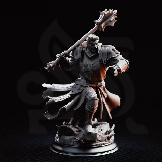 Thaddeus the Fortress, Horauthin’s Favoured, heavily armored holy warrior featuring massive plate armor, imposing weapons, sacred details and a powerful battle-ready stance with an intimidating dark fantasy paladin design
