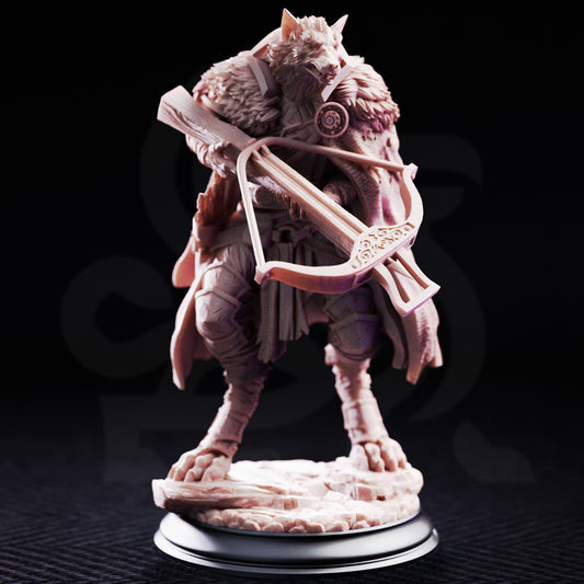 The Big Bad Wolf hunter with wolf features, rugged armor and weapons dark fairytale fantasy D&D miniature