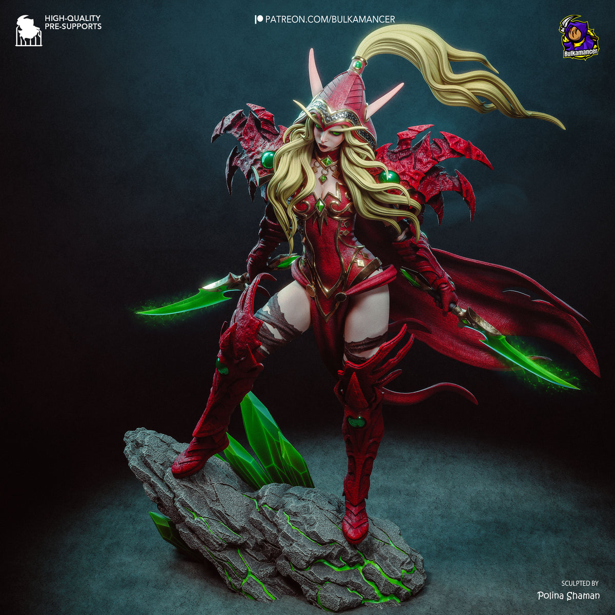 Valeera blood elf rogue with dual daggers, leather armor and dynamic assassin pose collectible fantasy figurine