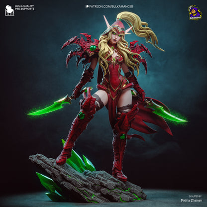 Valeera blood elf rogue with dual daggers, leather armor and dynamic assassin pose collectible fantasy figurine