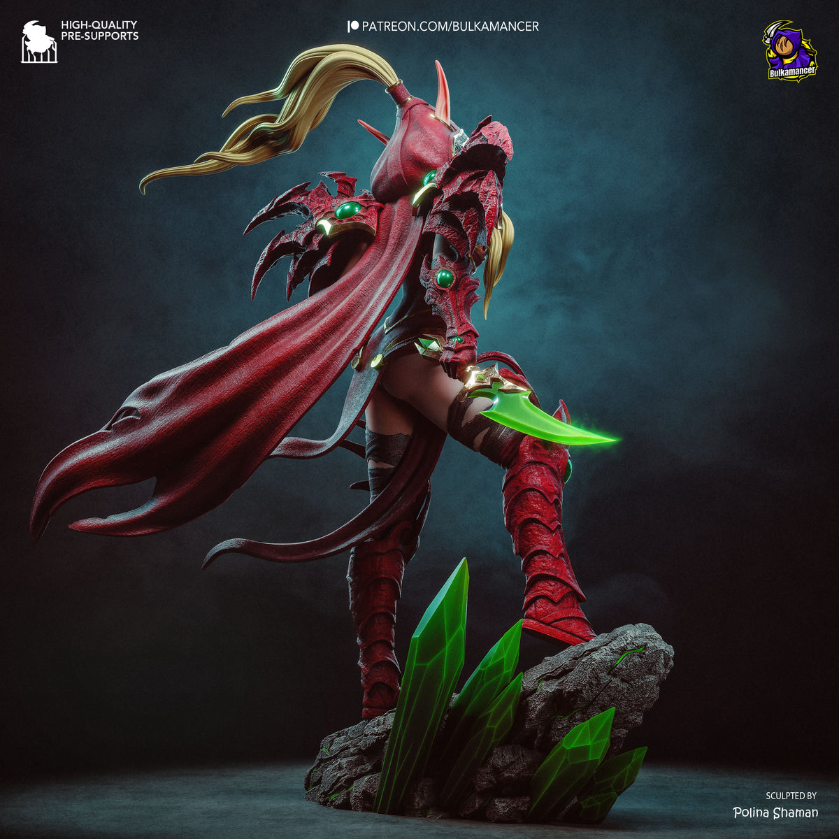 Valeera blood elf rogue with dual daggers, leather armor and dynamic assassin pose collectible fantasy figurine