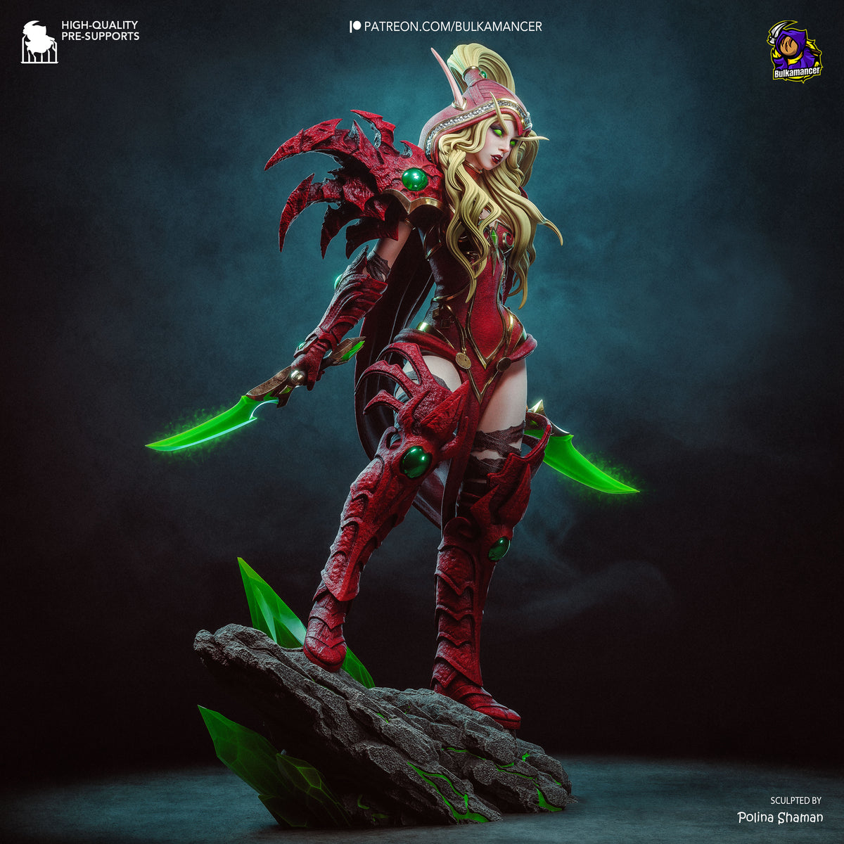 Valeera blood elf rogue with dual daggers, leather armor and dynamic assassin pose collectible fantasy figurine