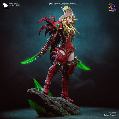 Valeera blood elf rogue with dual daggers, leather armor and dynamic assassin pose collectible fantasy figurine