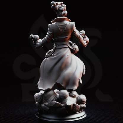 A detailed 3D-rendered fantasy figurine of a muscular male character in a flowing coat, posed mid-step on a cloud-like base against a dark background. Featuring powerful wind and lightning magic, flowing robes, mystical elemental details and a dynamic spellcasting pose. Back view
